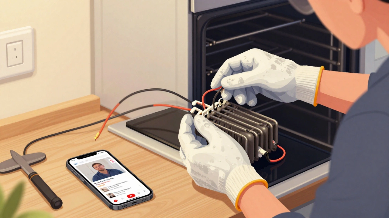 Homeowner replacing an oven heating element with tools and a smartphone showing a repair video.