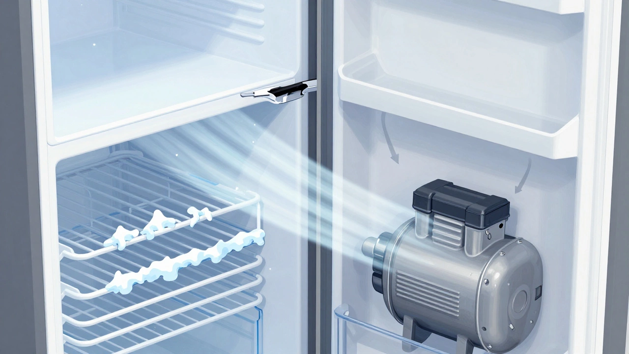 Internal fridge system showing cold air leakage and ice buildup from a faulty seal.