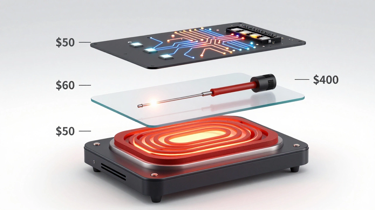 Layered diagram of oven components with cost labels for heating element, sensor, and control board.