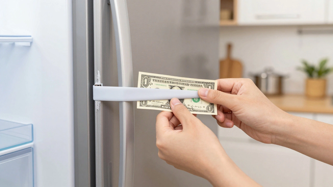 Person testing fridge door seal with a dollar bill, showing a visible gap.