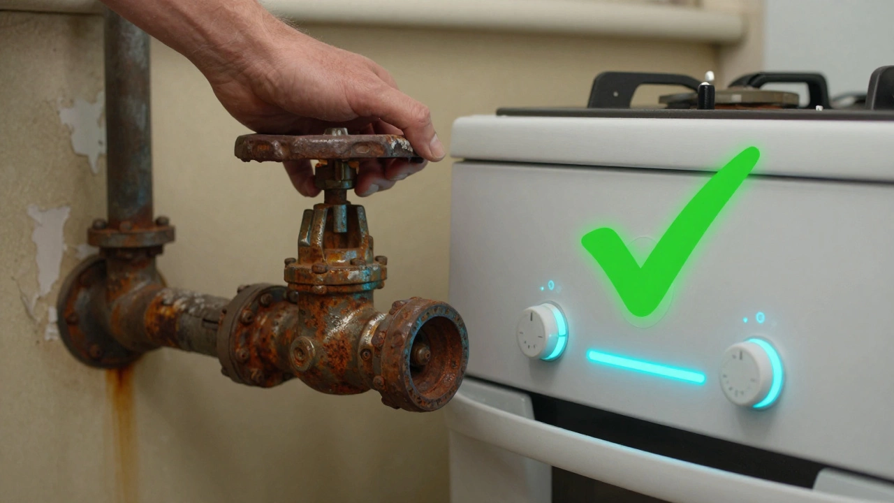 Rusted old gas valve beside a modern safe cooker, symbolizing neglect versus protection.