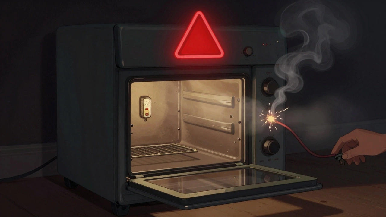 Smoke rising from oven door seal, sparking wire inside, warning triangle above, hand unplugging cord.