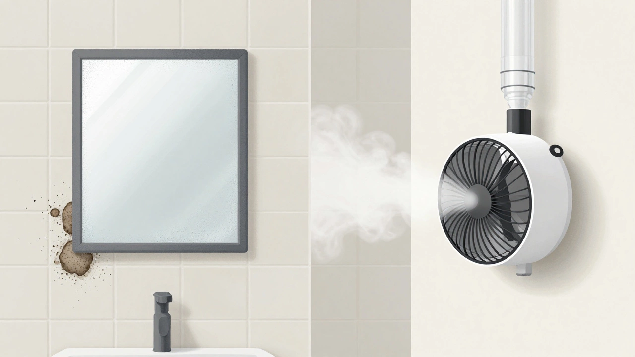 Split image: left shows mold and fog from old fan, right shows clean bathroom with new venting fan.
