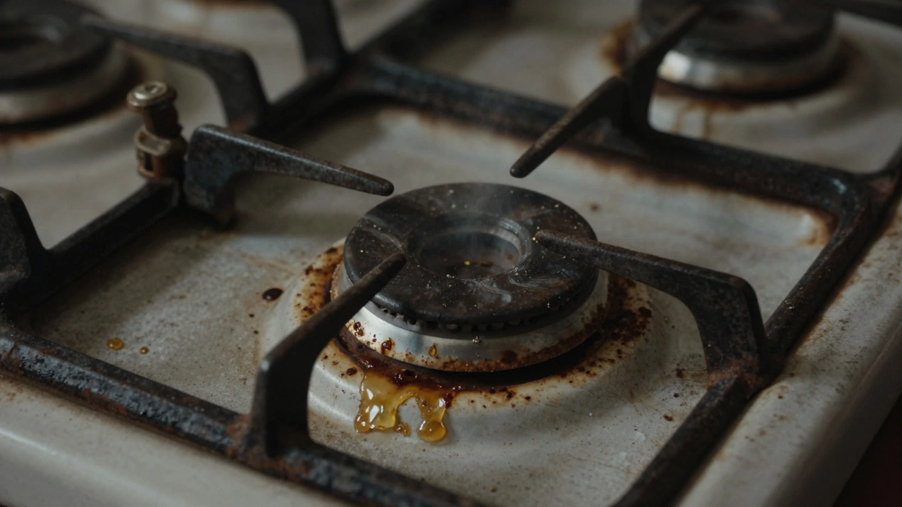 A corroded, neglected gas hob with rust, cracked enamel, and signs of gas leakage.