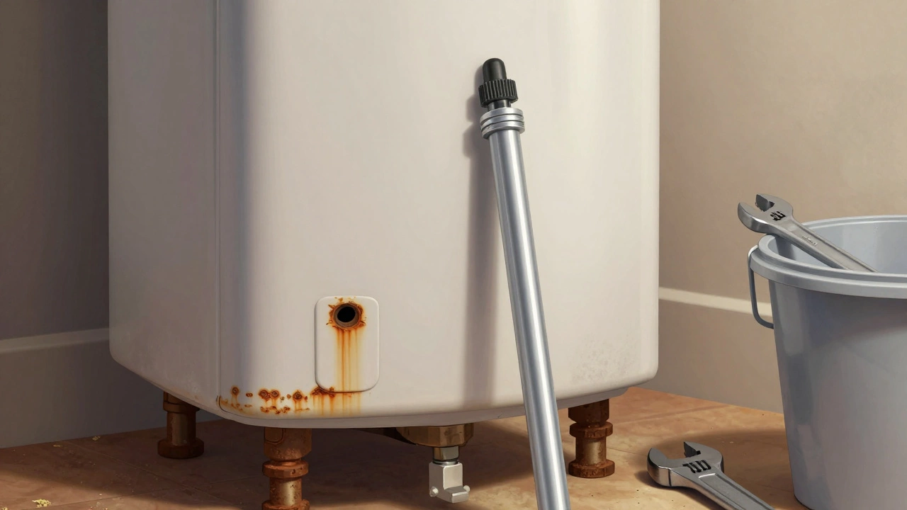 A corroded water heater tank with a new anode rod being installed for maintenance.