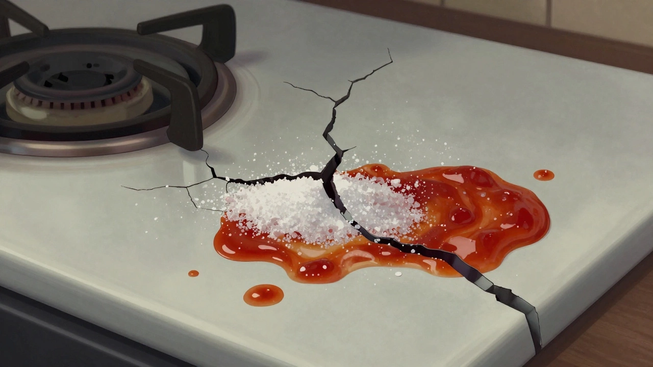 A cracked ceramic cooktop with baked-on food spills, revealing moisture seeping into the fracture as a fire hazard.