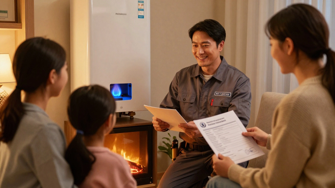 A family receives a boiler service report from a licensed plumber in a warm home setting.