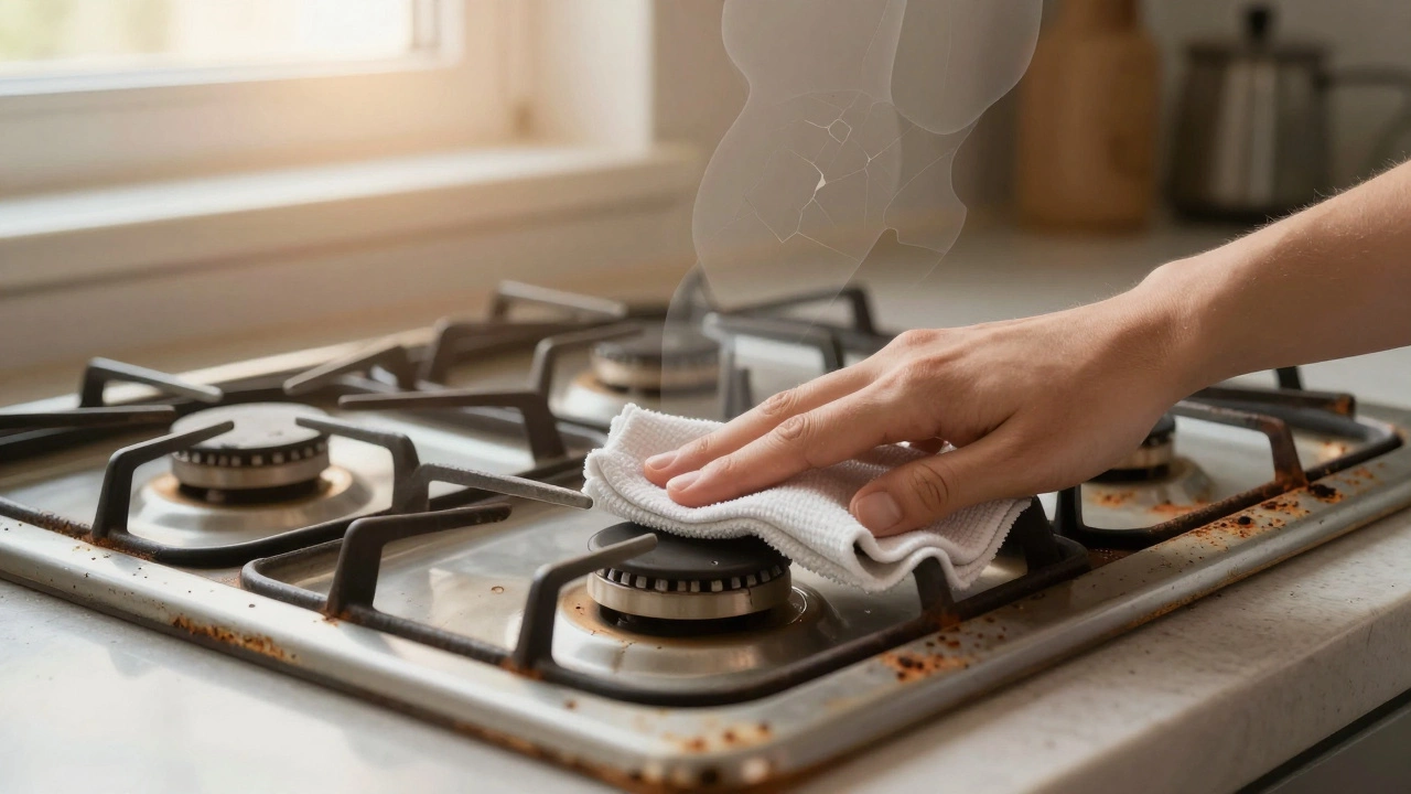 A hand cleaning a well-maintained hob, with a faded image of a damaged one in the background, representing care vs. neglect.