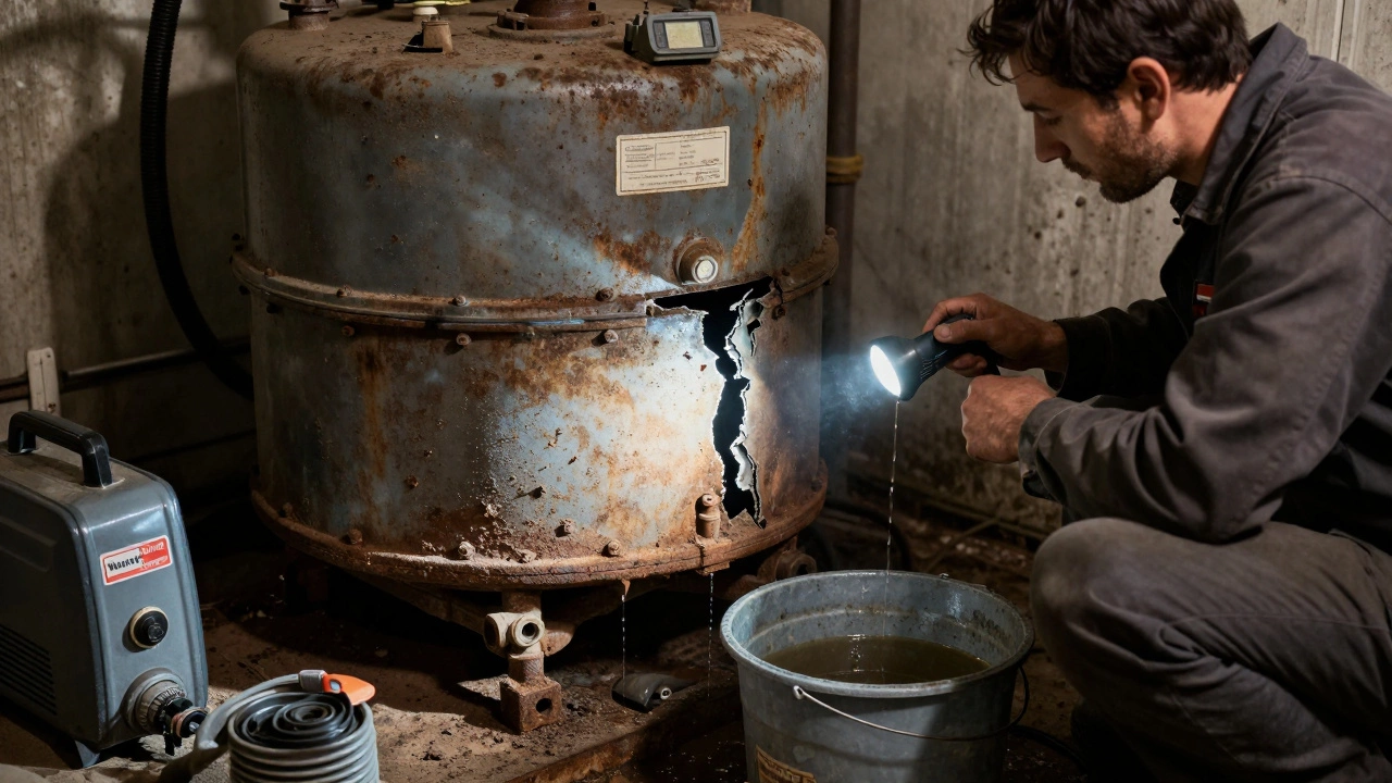 A rusted, aging boiler being inspected for cracks and leaks during a complex repair.