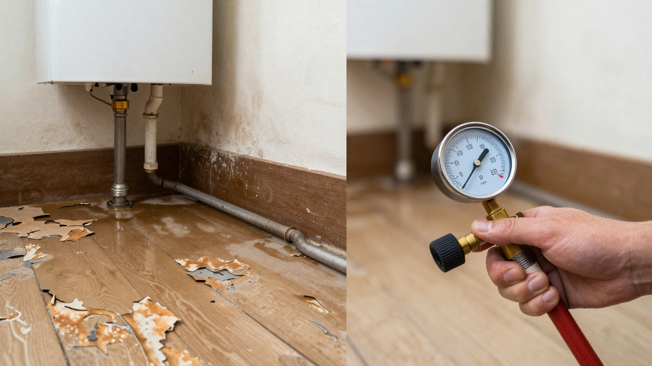 Before and after: damp damage vs. clean, well-maintained water heater area.