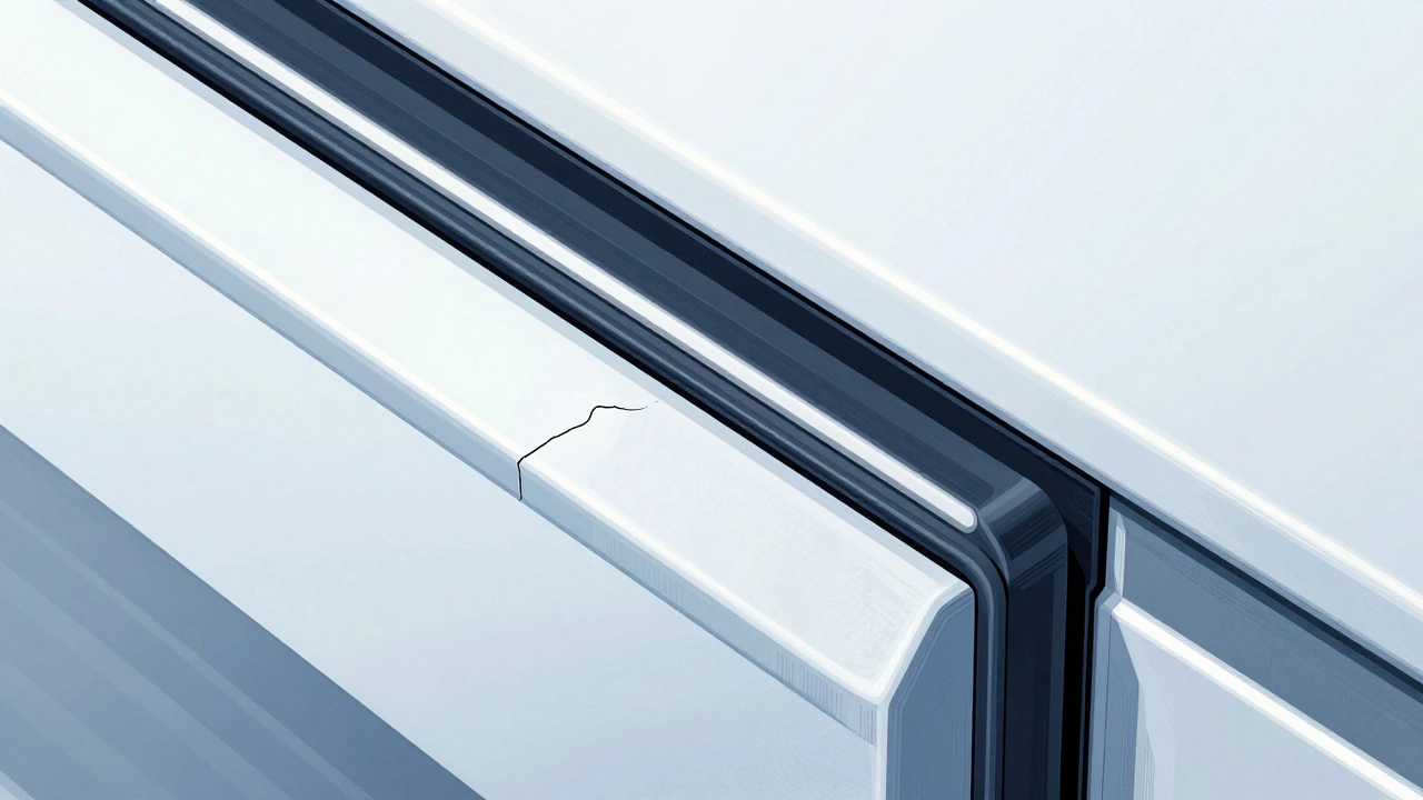 Close-up of damaged oven door seal with crack