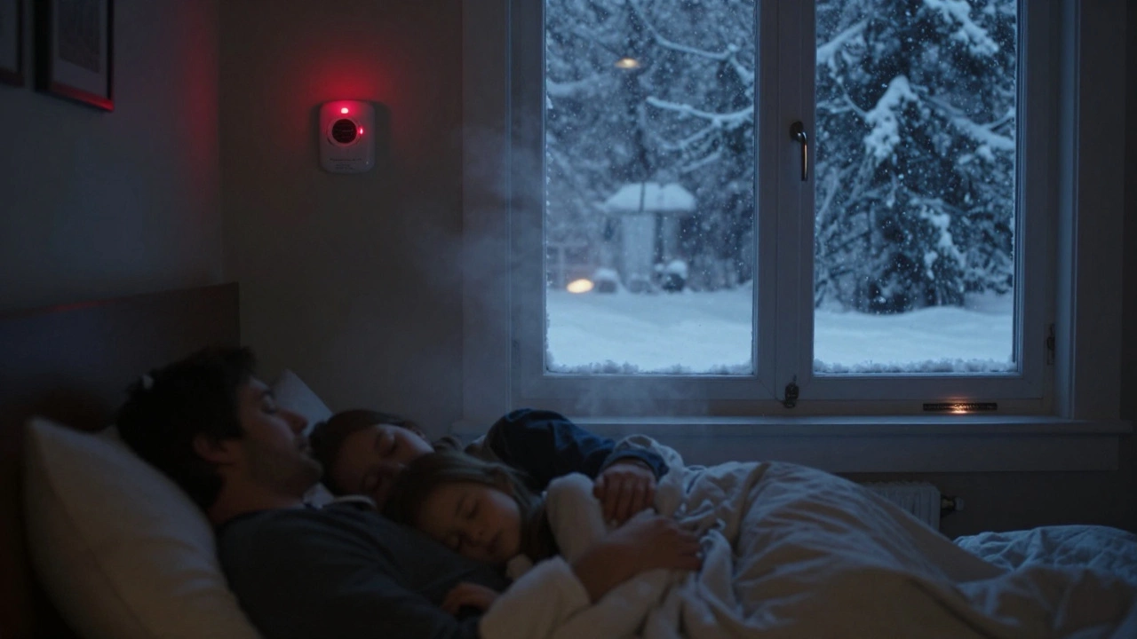 Family sleeping as carbon monoxide alarm blinks red, snow falling outside, steam rising from boiler vent below.