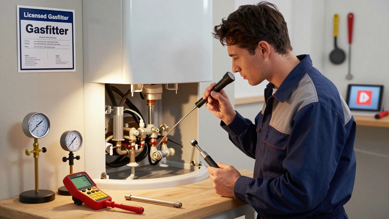 Licensed technician inspecting boiler with borescope, calibrated tools on workbench, safety certificate on wall.