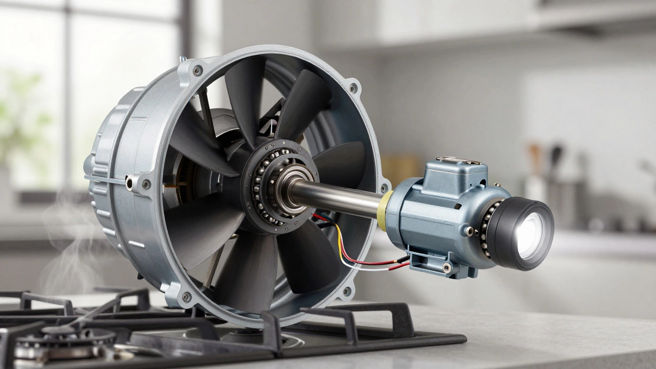 Overhead view of extractor fan parts being reassembled with labeled wires and new motor on shaft.