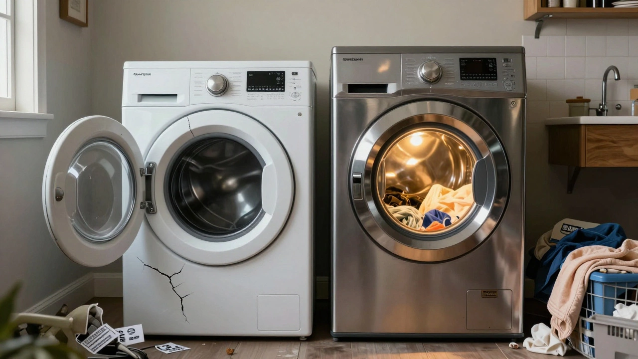Side-by-side comparison: a broken modern washer in landfill versus a durable steel washer in a home.