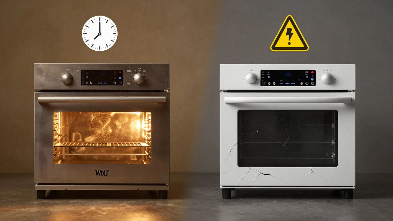 Side-by-side comparison of a durable Wolf oven lasting 15+ years versus a failing budget oven with damage symbols.