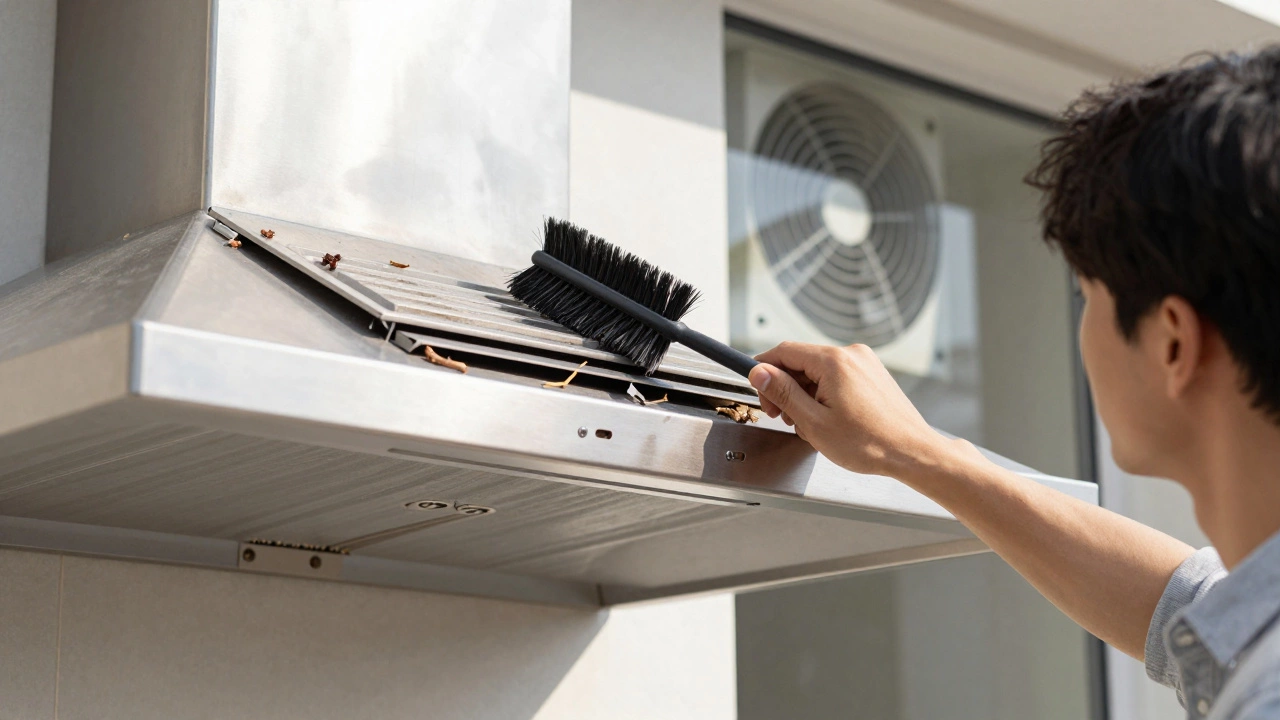 Someone clearing debris from an outdoor vent hood with a stuck damper flap.