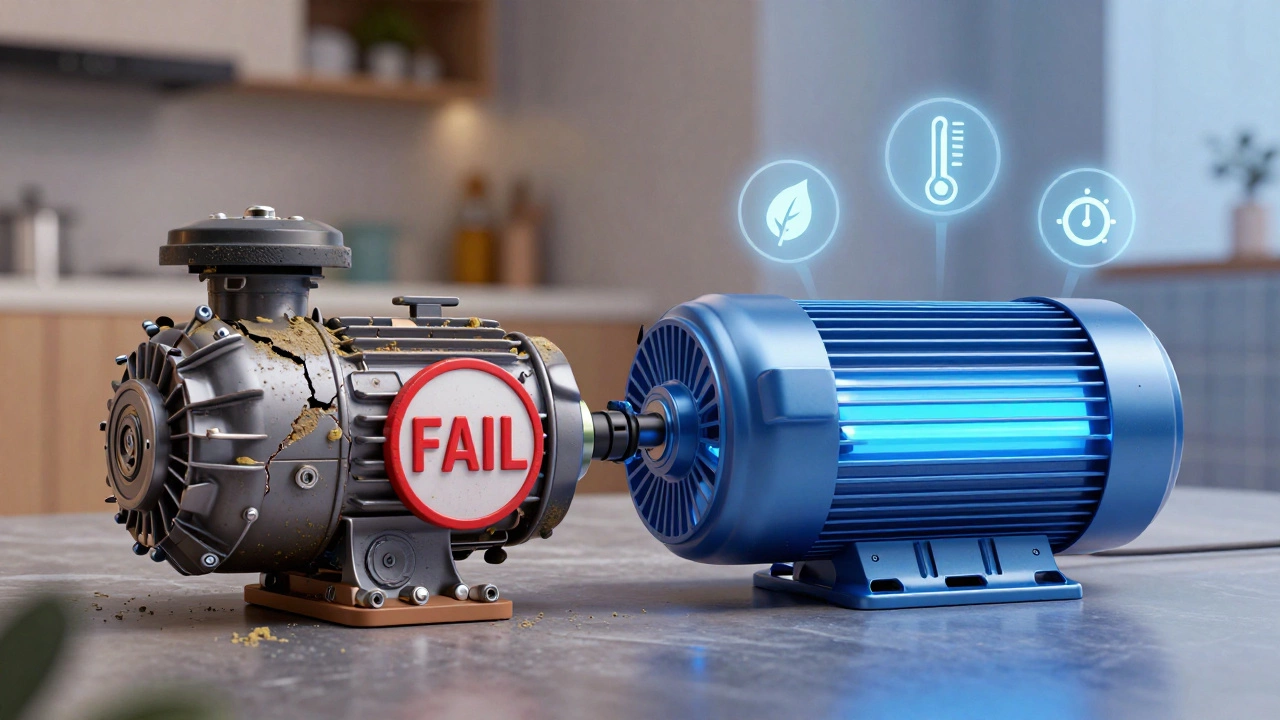 Split image comparing old faulty motor to new efficient motor with energy-saving icons.