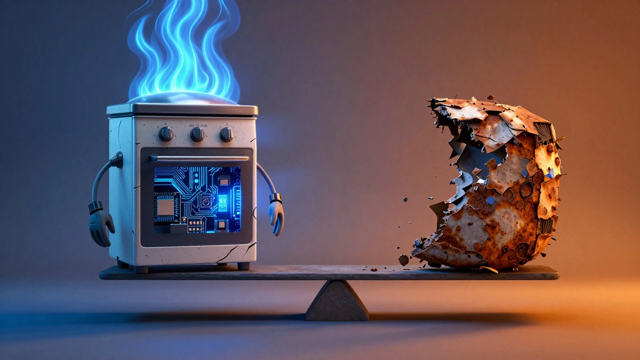 Split image of a cooker: one side repaired with glowing parts, the other side rusted and failing.