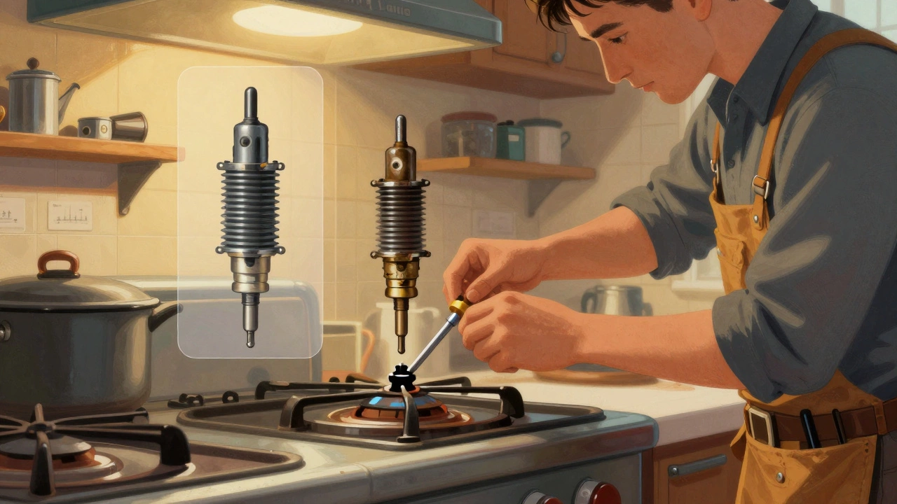 Technician replacing a gas igniter on a cooker, with worn and new parts shown side by side.