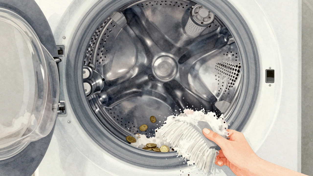 Transparent washing machine showing internal parts like steel drum and motor, with debris being cleaned away.