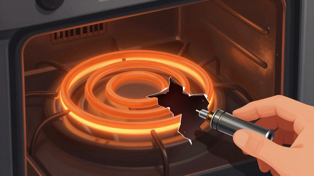 A broken oven heating element next to a replacement part, glowing orange coils contrasting with dark interior.