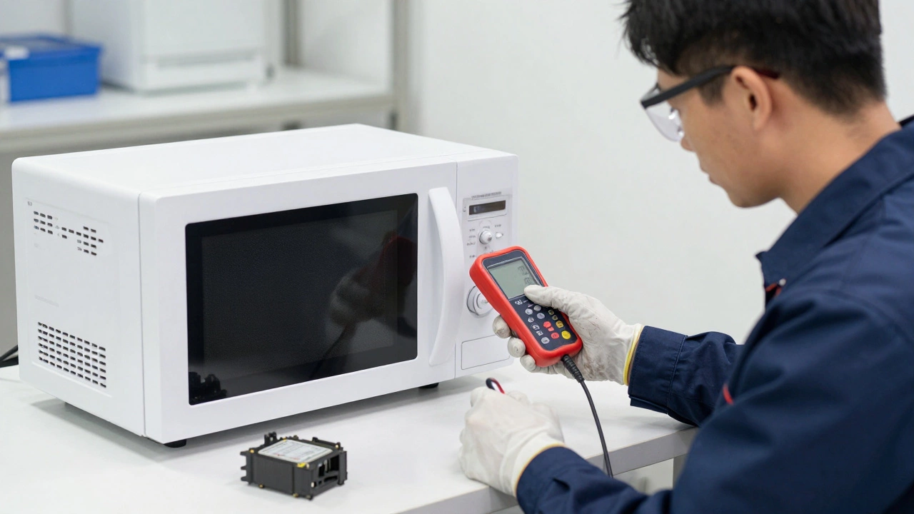 A certified technician using a radiation detection meter to test a microwave for safety in a clean workshop setting.