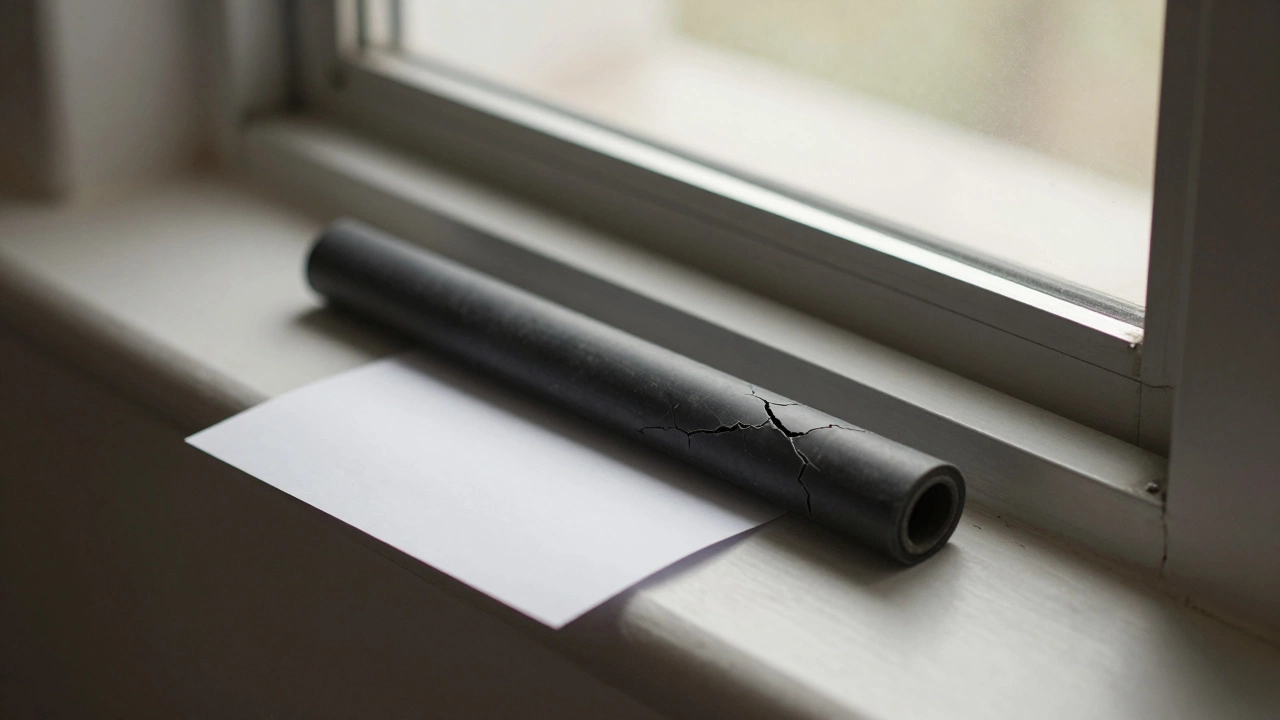 A cracked oven door seal beside a new one, with paper test showing poor seal, natural light illuminating details.