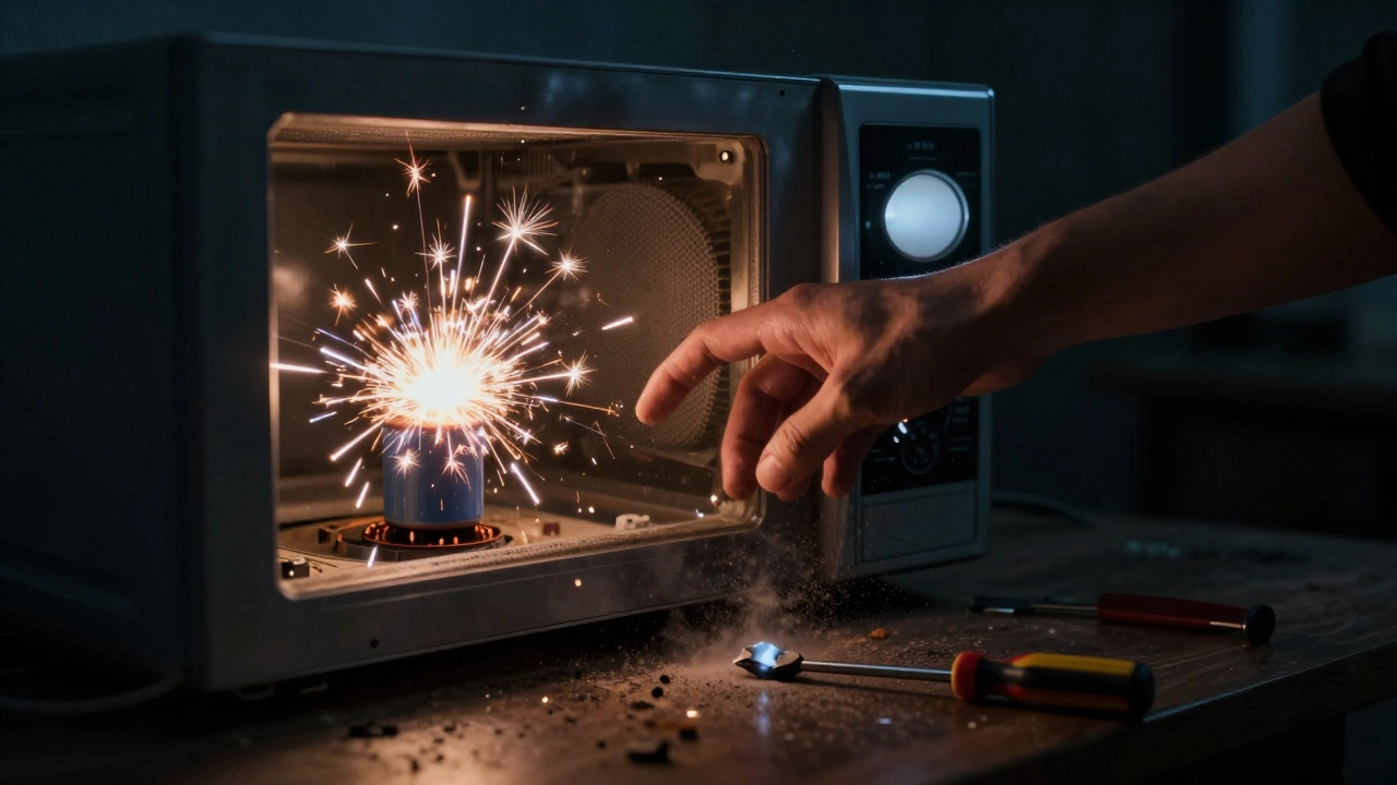 A hand touching a sparking capacitor inside an open microwave, with a melted tool and toxic dust visible in the air.