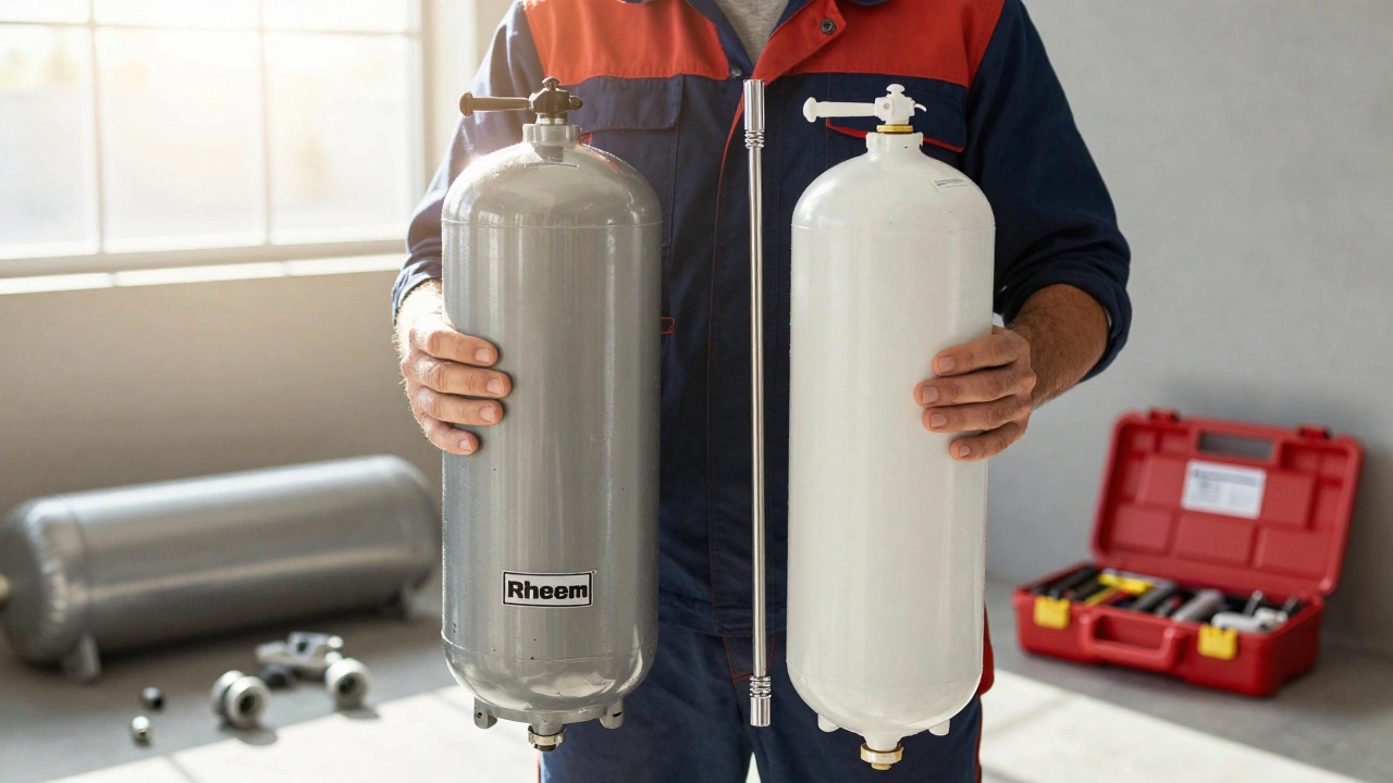 A plumber holding Rheem and AO Smith tanks, contrasting generic parts with proprietary components and certified tools.