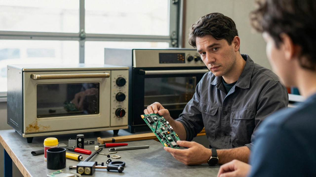 A repair technician holding a faulty control board while discussing options with a customer in a workshop.