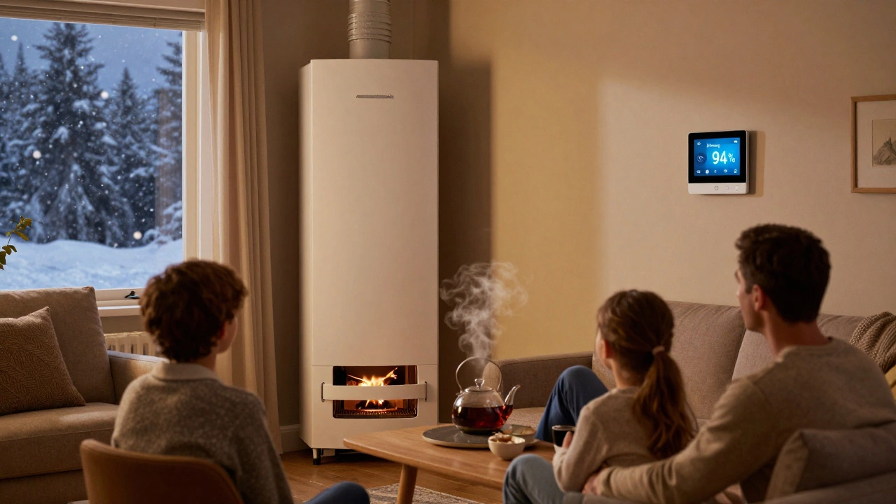 A warm, well-lit living room with a family enjoying heat from a modern boiler and smart thermostat.