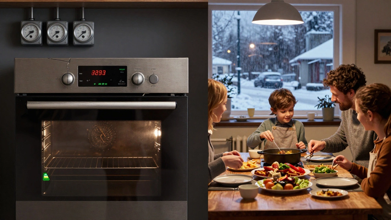 An old oven with a damaged seal next to a new energy-efficient oven, with electricity meters and a family meal.