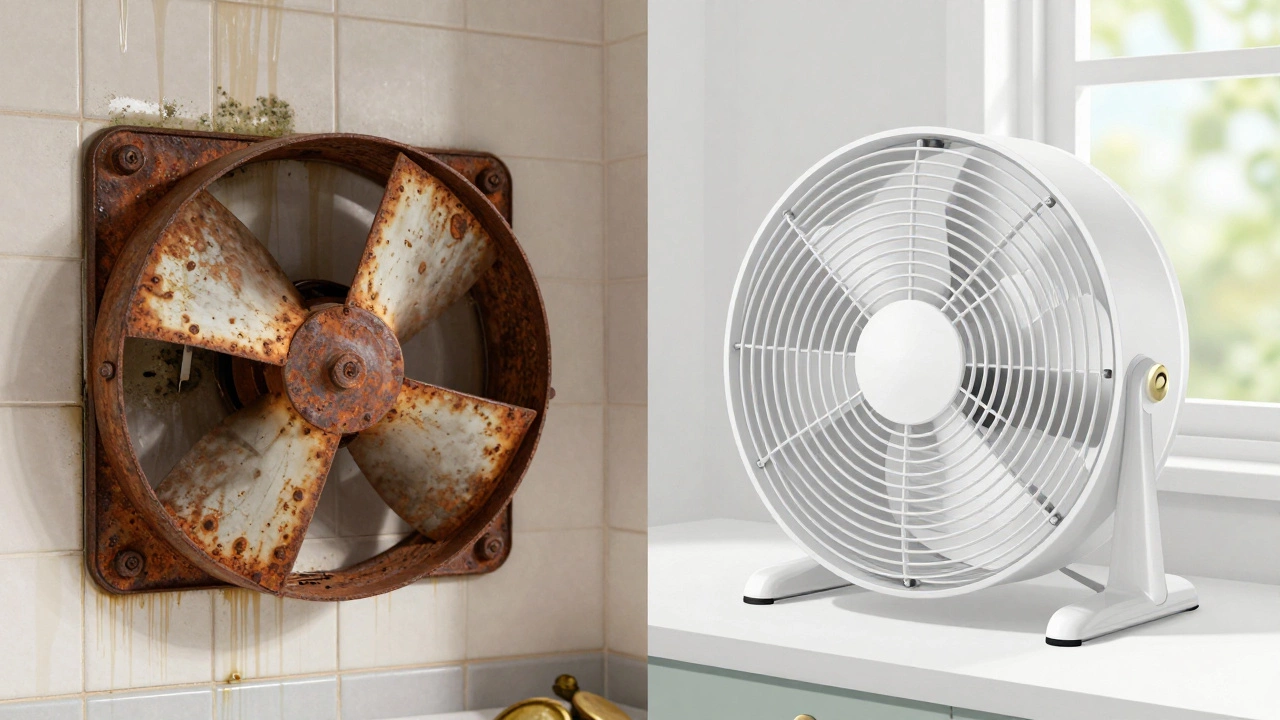 Before-and-after: moldy, broken fan vs. clean, modern extractor fan with proper venting.