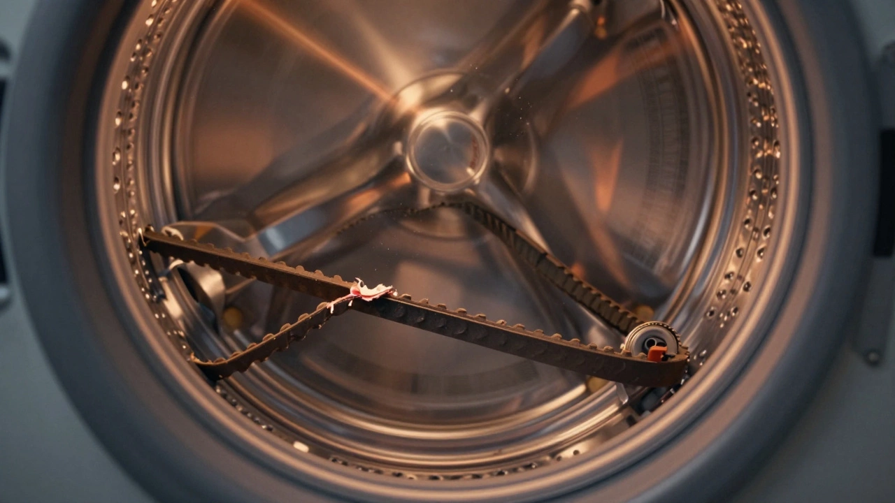 Broken drive belt lying across a spinning drum inside a washing machine.