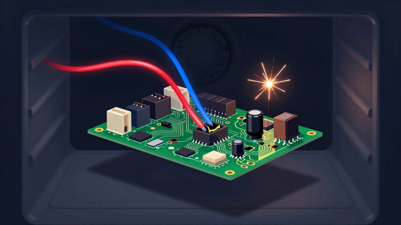 Circuit board inside oven with glowing wires and melted components.