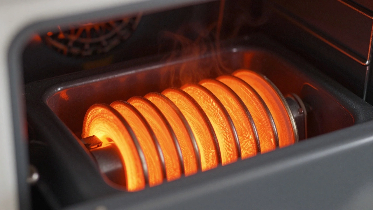 Close up of red glowing heating element coil inside oven cavity.