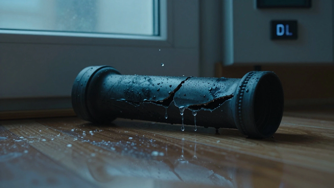 Cracked rubber door seal with mold and water leaking onto the floor.