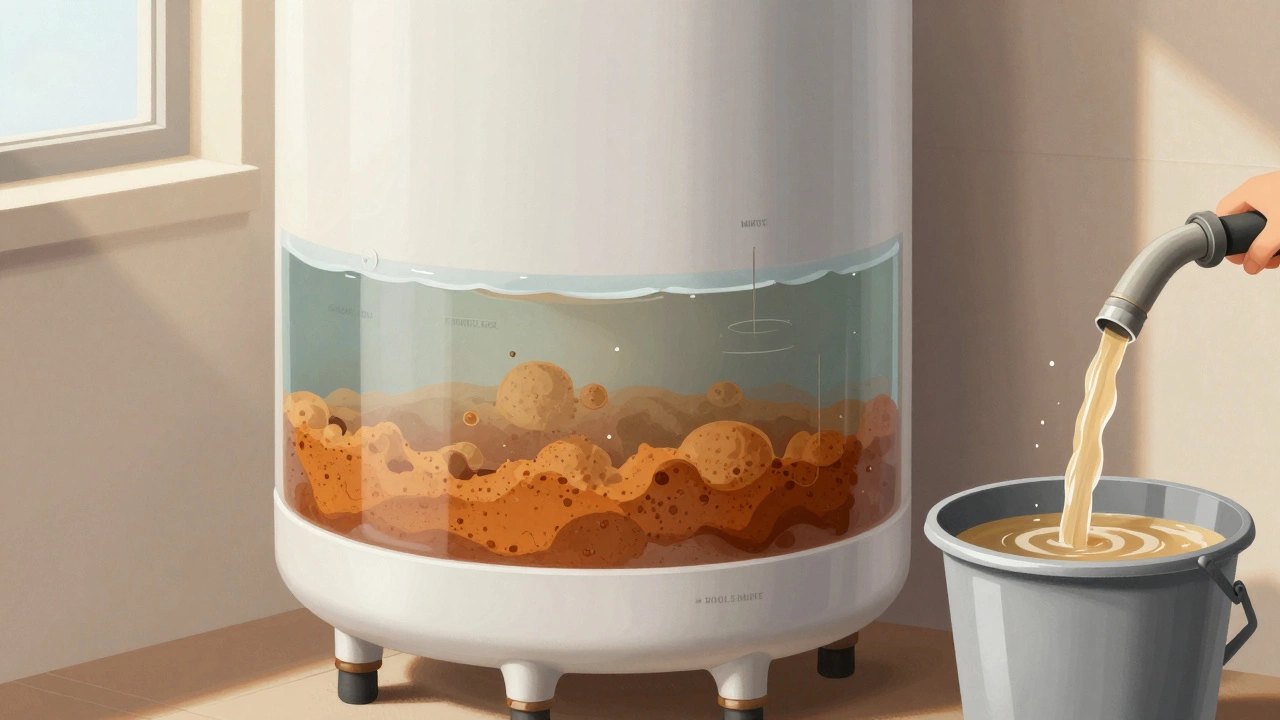 Cross-section of water heater tank showing sediment layer at bottom blocking heat, draining hose connected to outlet.