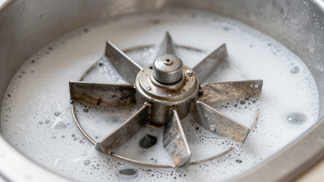 Dirty fan blades soaking in soapy sink water