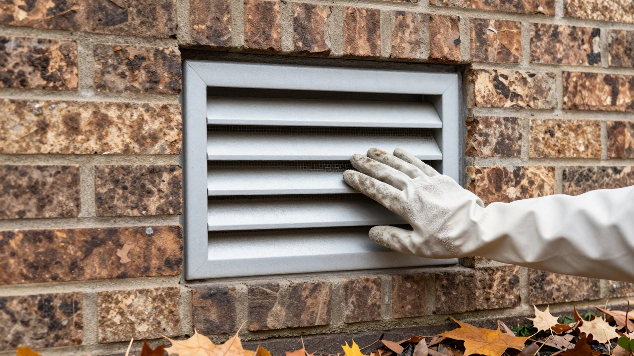 Gloved hand inspecting exterior wall exhaust vent
