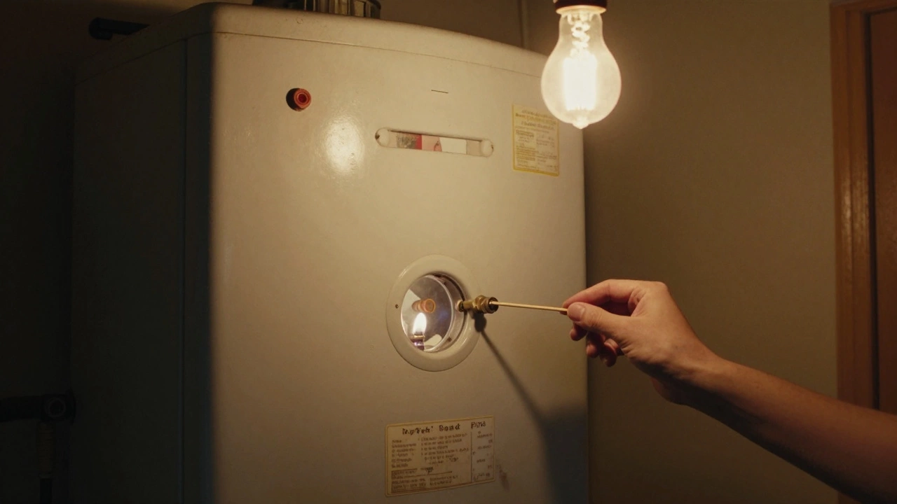 Hand holding a match near a gas water heater with no pilot flame, dim utility room with dusty pipes in background.