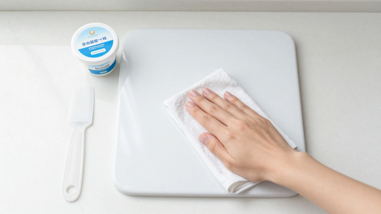 Hand wiping ceramic hob surface with microfiber cloth and cleaner.