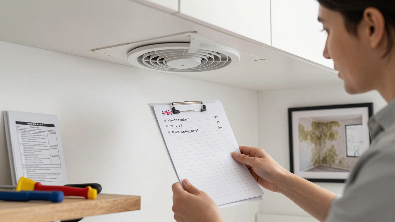Homeowner checking compliance of an inline extractor fan with a checklist and UK building codes visible.