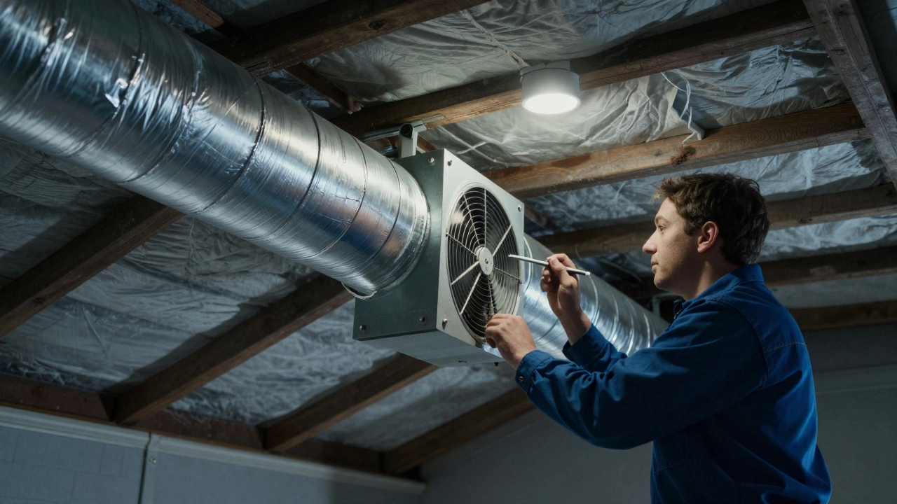 HVAC technician testing airflow in an attic duct with smoke pencil and aluminum tape seals.