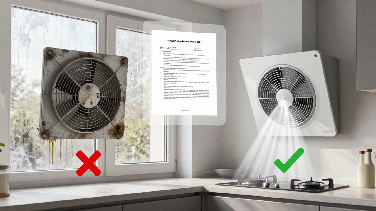Split image: left side shows moldy, foggy kitchen without working fan; right side shows clean, compliant ventilation.