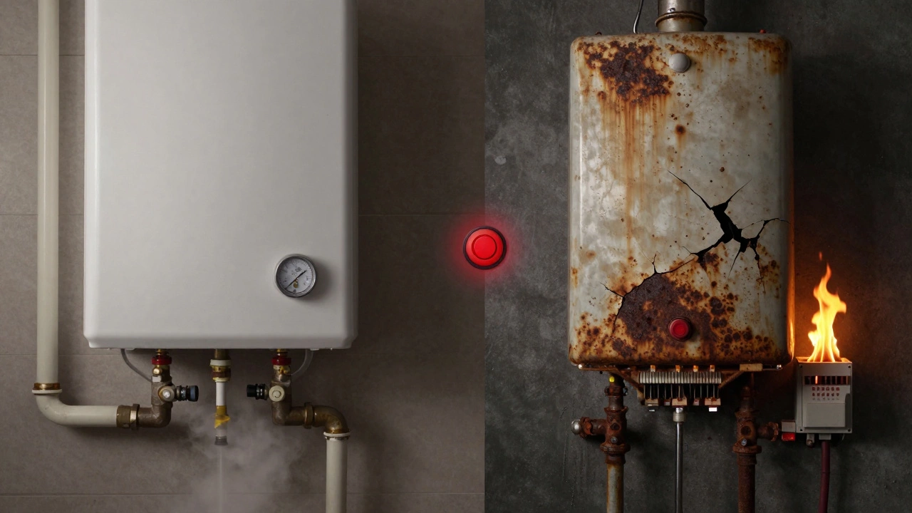 Split image: one side shows a healthy water heater, the other shows a rusted, leaking unit with electrical fire.