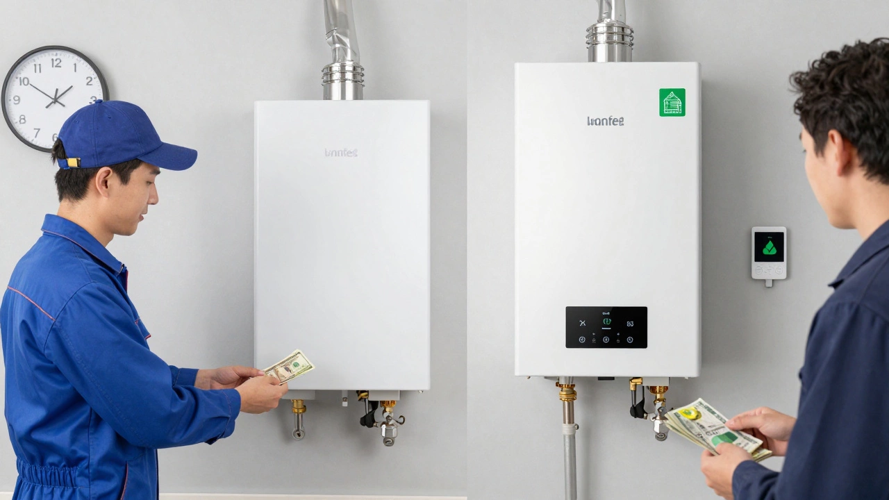 Split image: one side shows costly boiler repair, the other shows a new efficient boiler with subsidy label.