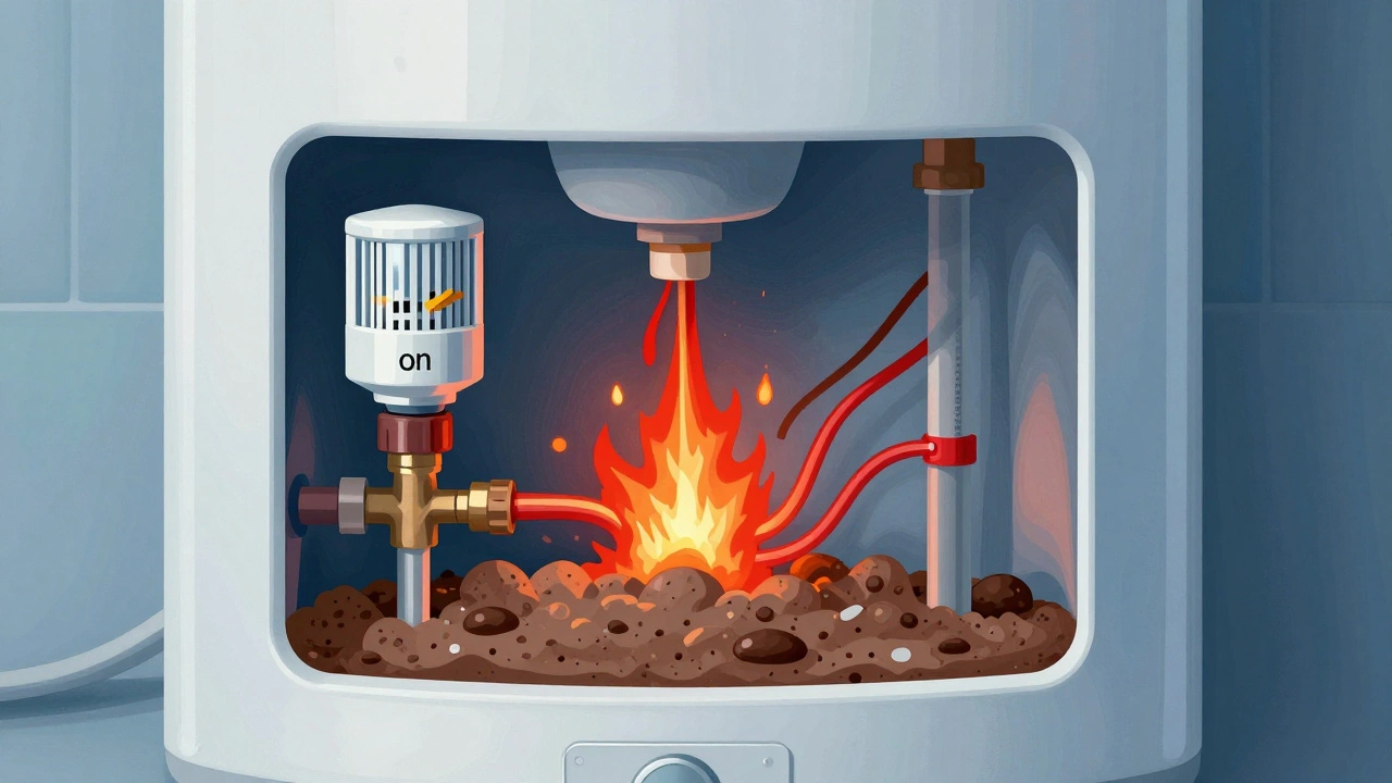 Technical cross-section of a water heater showing a faulty thermostat, shorted element, sediment, and rising pressure.