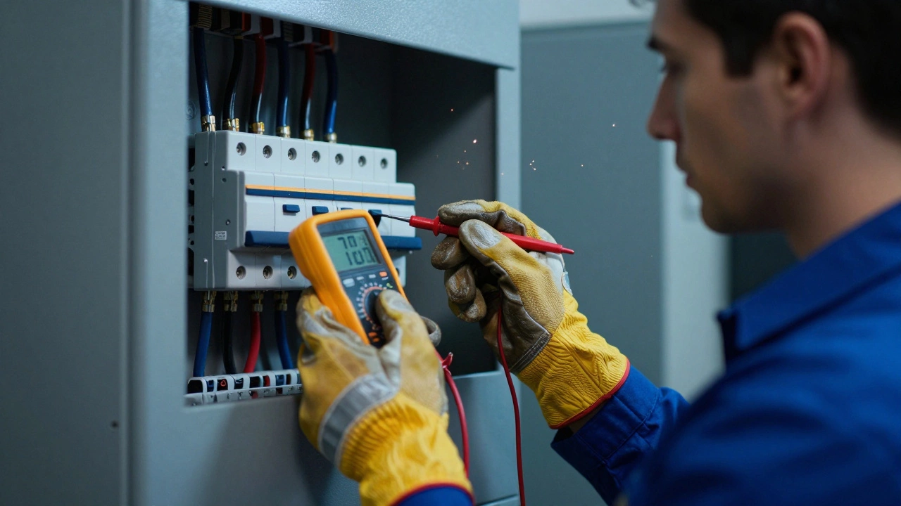 Technician holding multimeter near breaker panel with safety gloves.